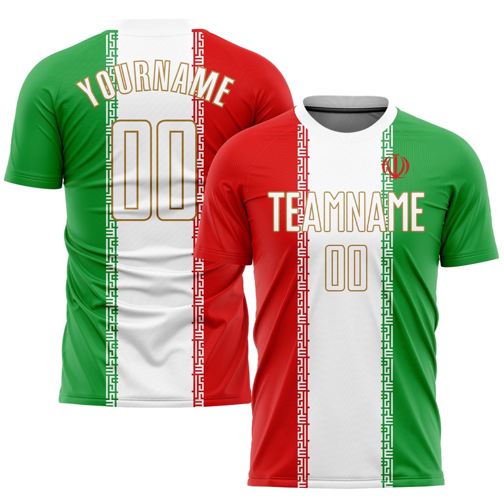Red White Kelly Green Old Gold Sublimation Iranian Flag Soccer Uniform Jersey, Custom Team Soccer Jersey Shirt Red White Kelly Green Old Gold Sublimation Iranian Flag Soccer Uniform Jersey, Custom Team Soccer Jersey Shirt