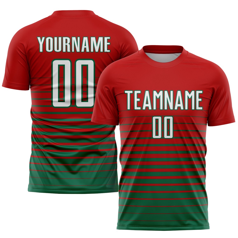 Red White Kelly Green Pinstripe Fade Fashion Sublimation Soccer Uniform Jersey, Custom Team Soccer Jersey Shirt Red White Kelly Green Pinstripe Fade Fashion Sublimation Soccer Uniform Jersey, Custom Team Soccer Jersey Shirt