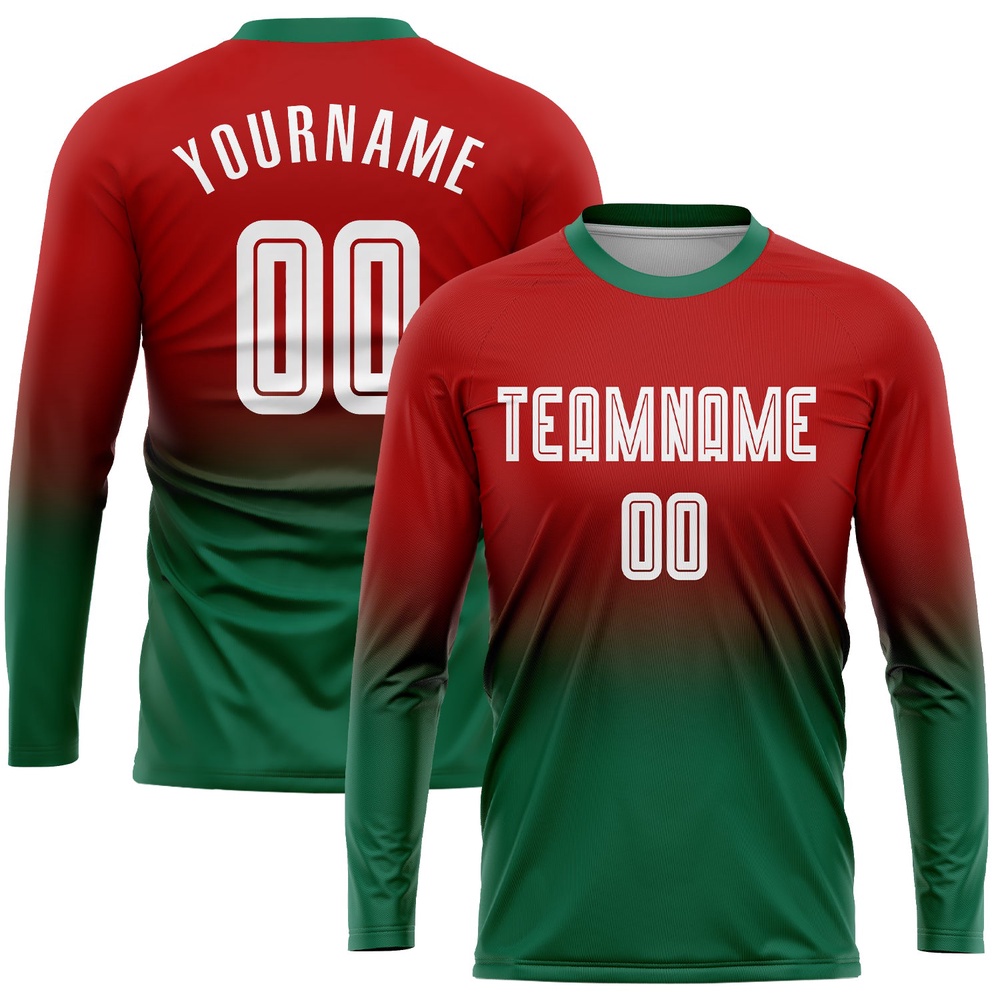 Red White Kelly Green Sublimation Long Sleeve Fade Fashion Soccer Uniform Jersey, Custom Team Soccer Jersey Shirt Red White Kelly Green Sublimation Long Sleeve Fade Fashion Soccer Uniform Jersey, Custom Team Soccer Jersey Shirt