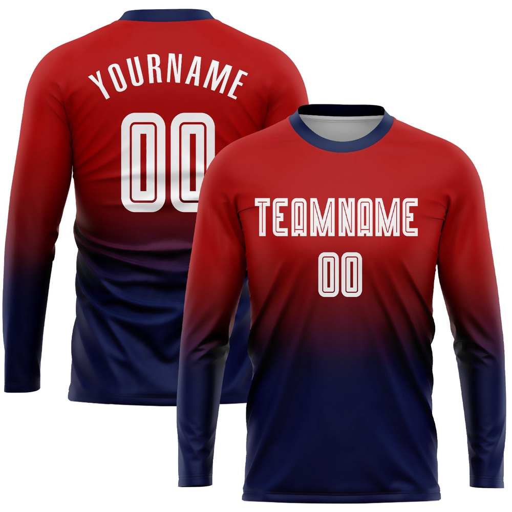 Red White Navy Sublimation Long Sleeve Fade Fashion Soccer Uniform Jersey, Custom Team Soccer Jersey Shirt