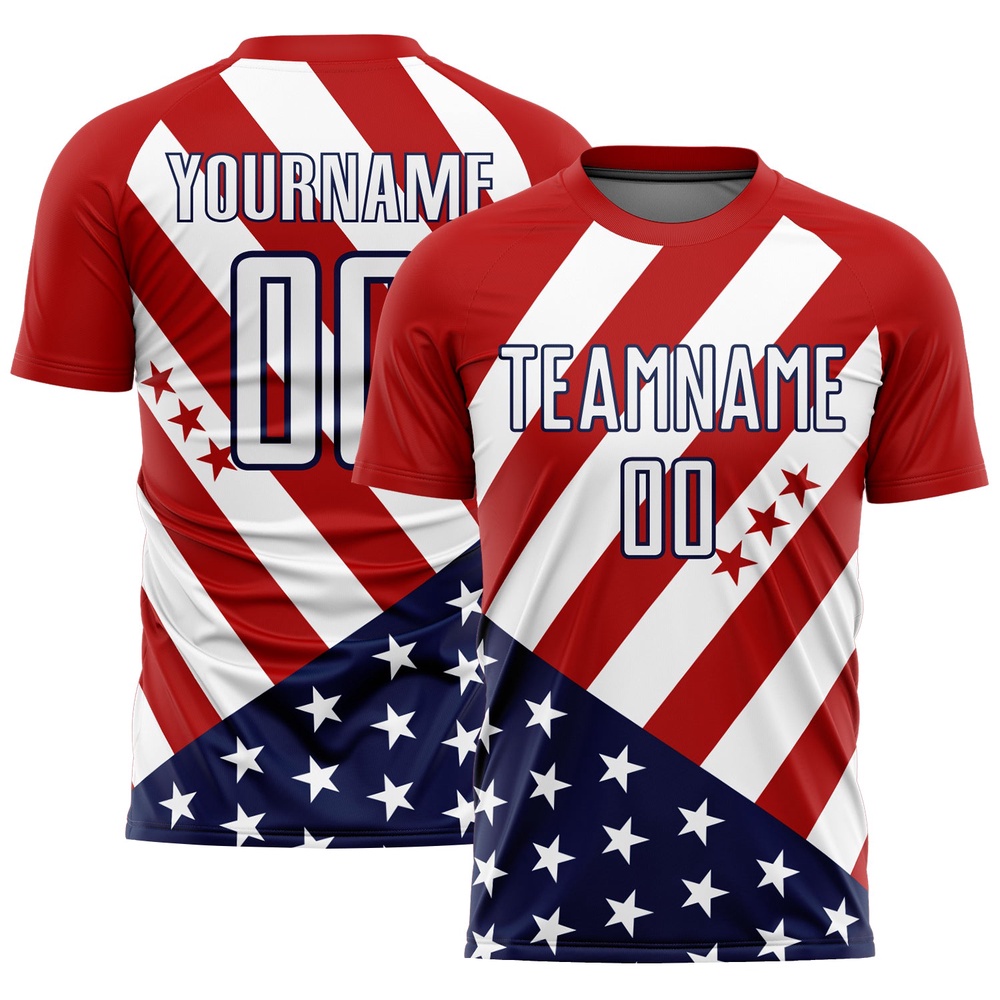 Red White Navy Vintage American Flag Sublimation Soccer Uniform Jersey, Custom Team Soccer Jersey Shirt Red White Navy Vintage American Flag Sublimation Soccer Uniform Jersey, Custom Team Soccer Jersey Shirt