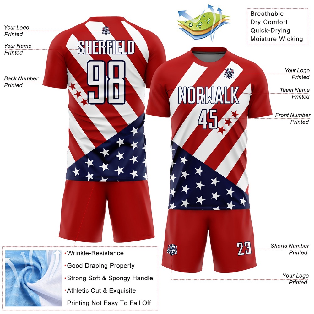 Red White Navy Vintage American Flag Sublimation Soccer Uniform Jersey, Custom Team Soccer Jersey Shirt Red White Navy Vintage American Flag Sublimation Soccer Uniform Jersey, Custom Team Soccer Jersey Shirt