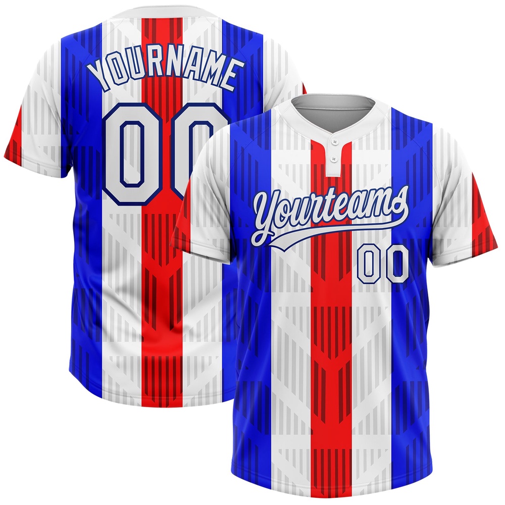 Red White Royal 3D Pattern Two Button Unisex Softball Jersey, Custom Team Softball Jersey Red White Royal 3D Pattern Two Button Unisex Softball Jersey, Custom Team Softball Jersey