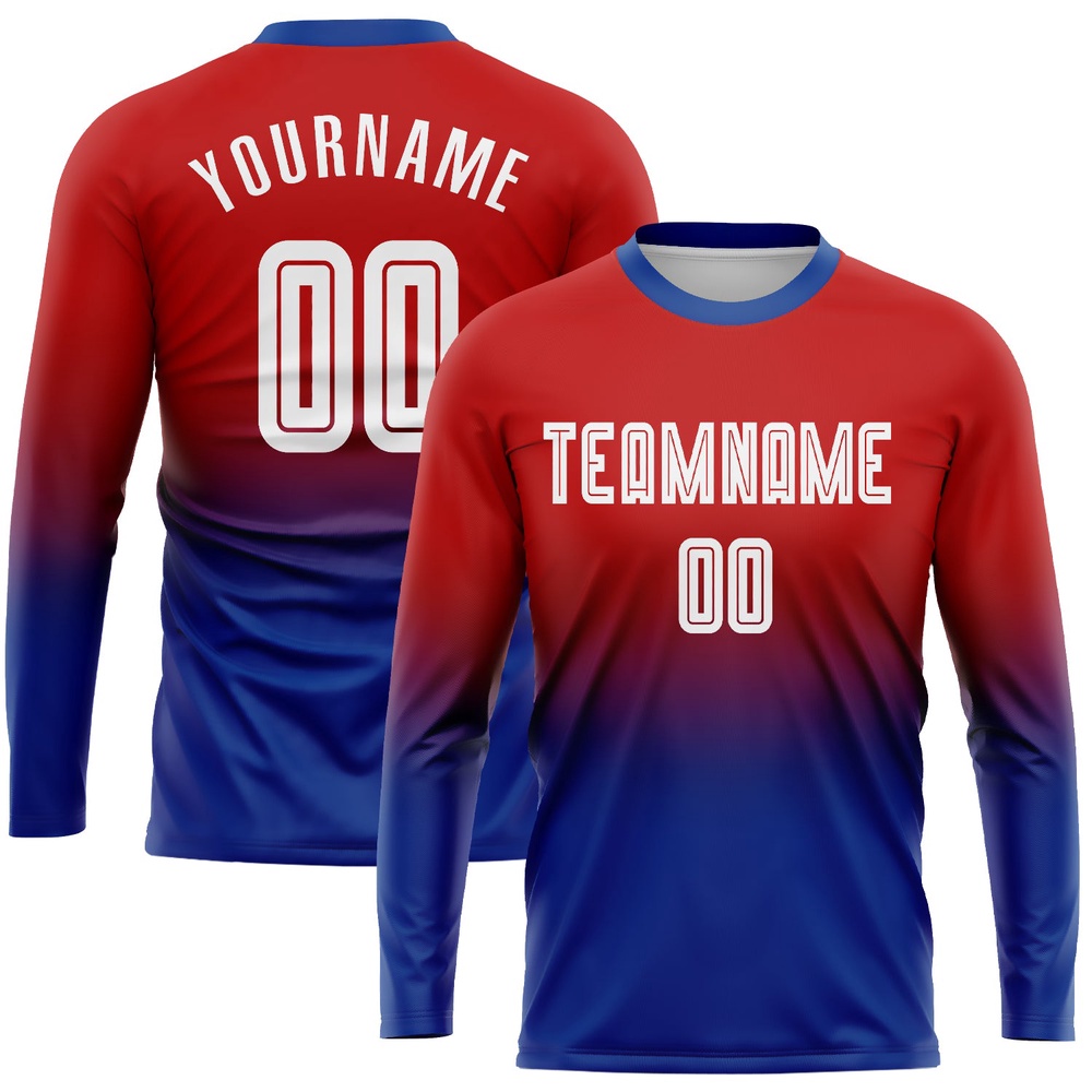 Red White Royal Sublimation Long Sleeve Fade Fashion Soccer Uniform Jersey, Custom Team Soccer Jersey Shirt