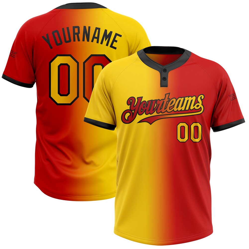 Red Yellow Black Gradient Fashion Two Button Unisex Softball Jersey, Custom Team Softball Jersey Red Yellow Black Gradient Fashion Two Button Unisex Softball Jersey, Custom Team Softball Jersey