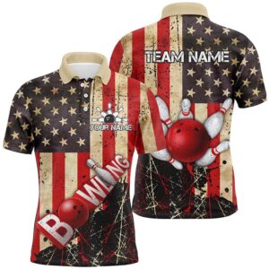 Retro American Flag Mens Bowling Polo Shirts…