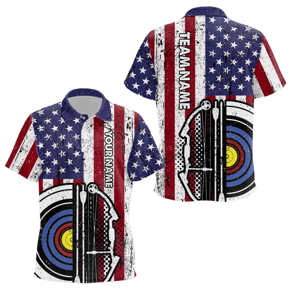 Retro American Flag Target Archery Polo Shirts, Custom Archery Team Shirts, Custom Archery Team Polo Shirt