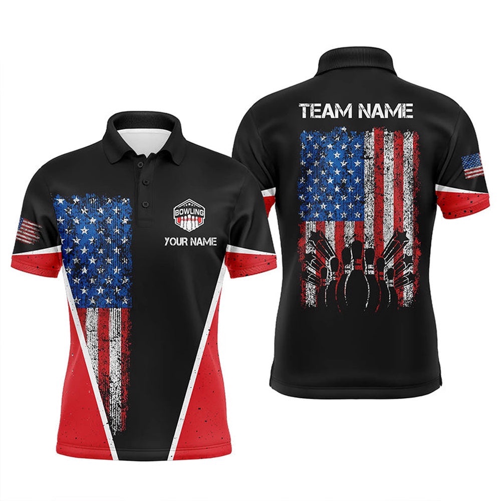 Retro Bowling Polo Shirt For Men Vintage American Flag Patriotic Custom Bowler Polo Shirt, Personalized Bowling Team Shirt Retro Bowling Polo Shirt For Men Vintage American Flag Patriotic Custom Bowler Polo Shirt, Personalized Bowling Team Shirt