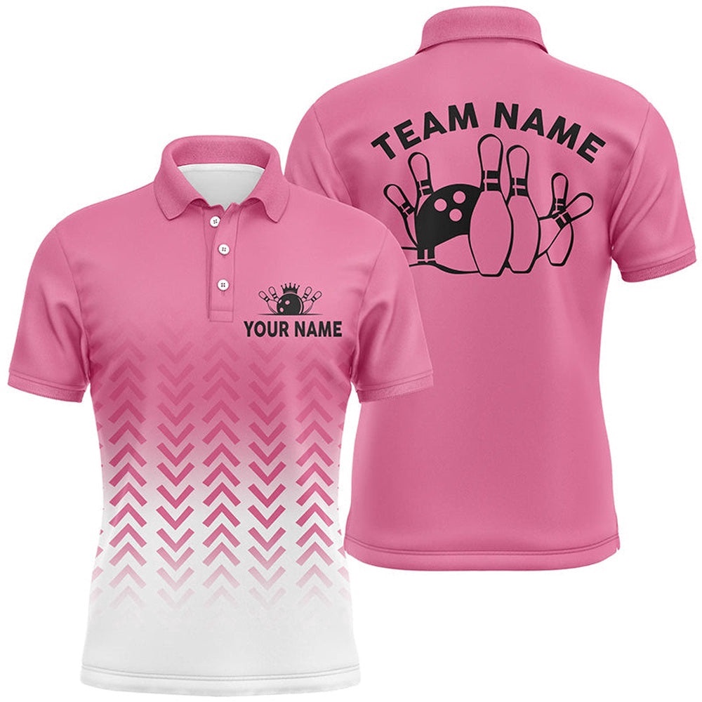 Retro Bowling Polo Shirts For Men Custom Team Shirts Bowling Polo Shirt, Gifts For Bowlers Pink, Personalized Bowling Team Shirt
