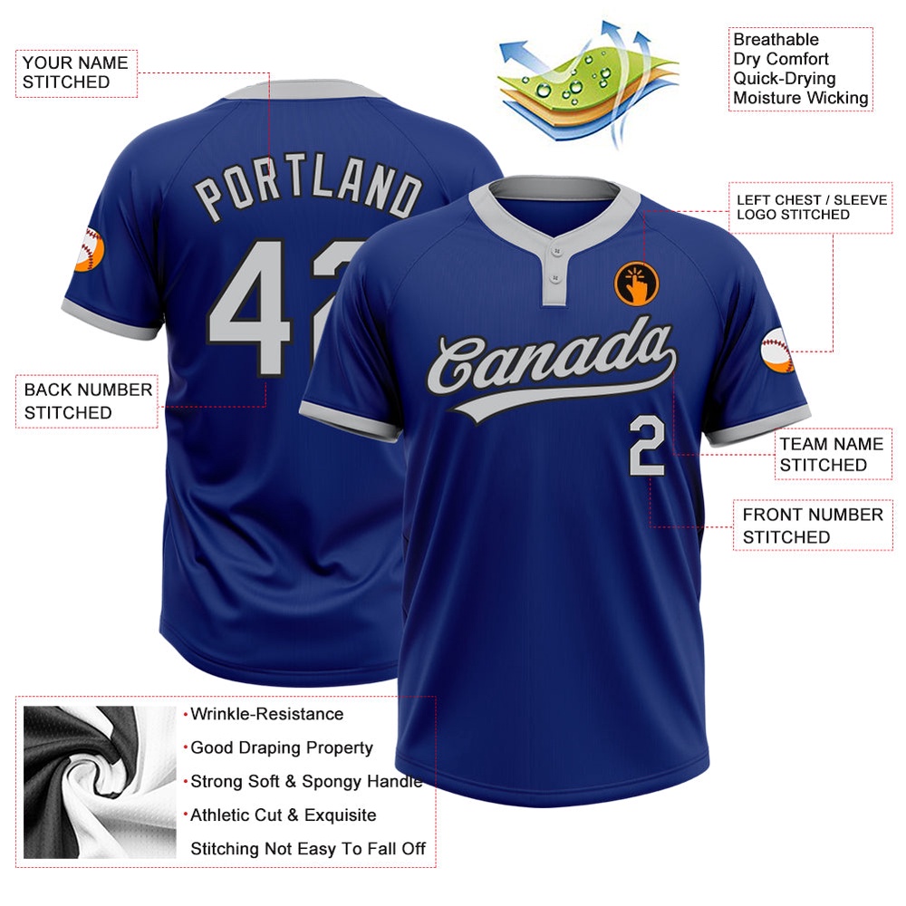 Royal Gray Black Two Button Unisex Softball Jersey, Custom Team Softball Jersey Royal Gray Black Two Button Unisex Softball Jersey, Custom Team Softball Jersey