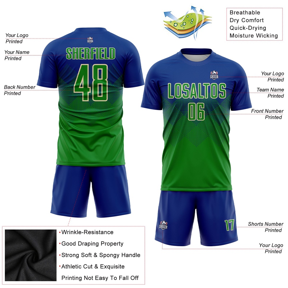 Royal Keely Green Cream Sublimation Soccer Uniform Jersey, Custom Team Soccer Jersey Shirt Royal Keely Green Cream Sublimation Soccer Uniform Jersey, Custom Team Soccer Jersey Shirt