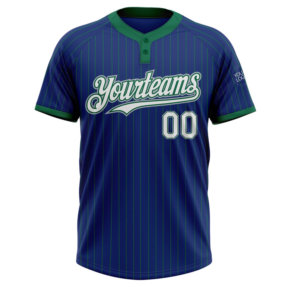 Royal Kelly Green Pinstripe White Gray Two Button Unisex Softball Jersey, Custom Team Softball Jersey