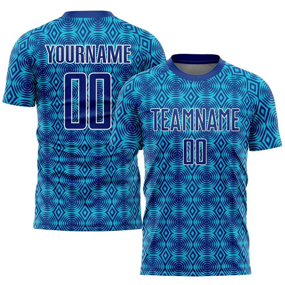 Royal Lakes Blue White Geometric Shapes Sublimation Soccer Uniform Jersey, Custom Team Soccer Jersey Shirt