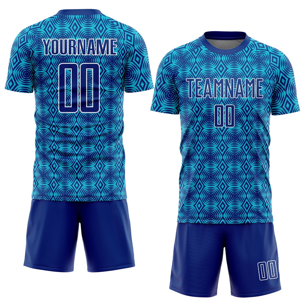 Royal Lakes Blue White Geometric Shapes Sublimation Soccer Uniform Jersey, Custom Team Soccer Jersey Shirt