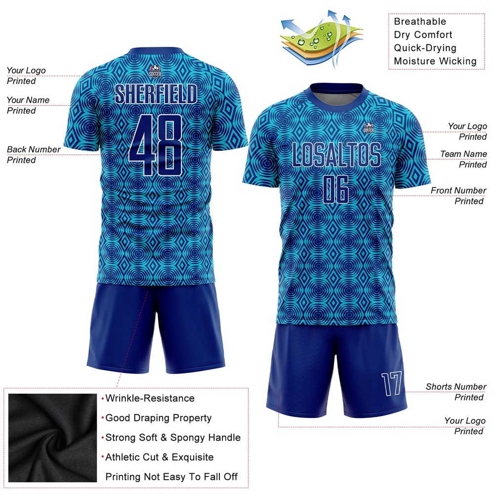 Royal Lakes Blue White Geometric Shapes Sublimation Soccer Uniform Jersey, Custom Team Soccer Jersey Shirt
