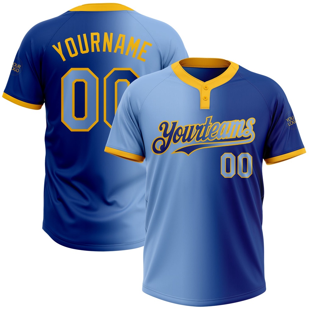 Royal Light Blue Gold Gradient Fashion Two Button Unisex Softball Jersey, Custom Team Softball Jersey