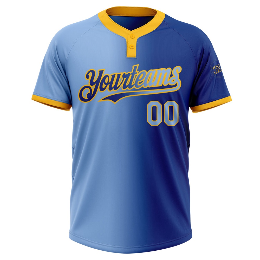 Royal Light Blue Gold Gradient Fashion Two Button Unisex Softball Jersey, Custom Team Softball Jersey