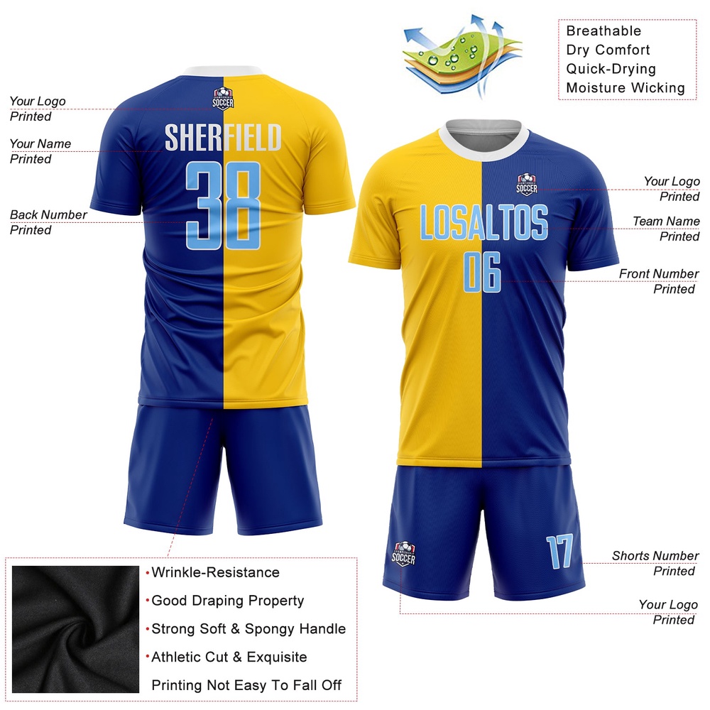 Royal Light Blue Gold Sublimation Split Fashion Soccer Uniform Jersey, Custom Team Soccer Jersey Shirt