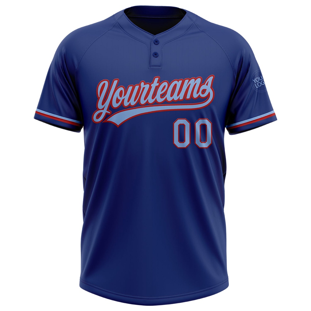 Royal Light Blue Red Two Button Unisex Softball Jersey, Custom Team Softball Jersey