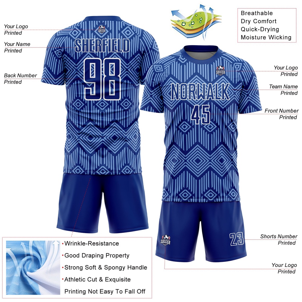 Royal Light Blue White Abstract Geometric Shapes Sublimation Soccer Uniform Jersey, Custom Team Soccer Jersey Shirt