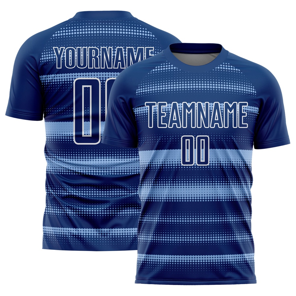 Royal Light Blue White Halftone Dots Sublimation Soccer Uniform Jersey, Custom Team Soccer Jersey Shirt Royal Light Blue White Halftone Dots Sublimation Soccer Uniform Jersey, Custom Team Soccer Jersey Shirt