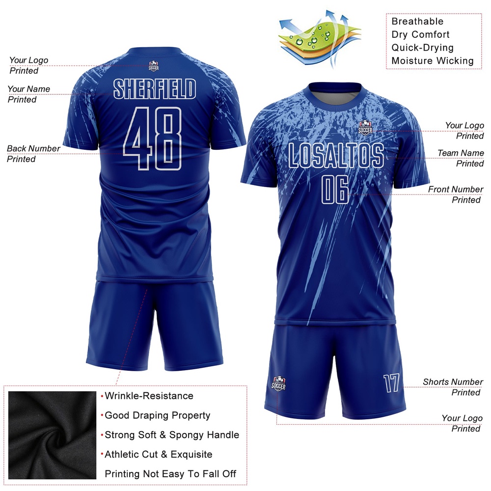 Royal Light Blue White Sublimation Soccer Uniform Jersey, Custom Team Soccer Jersey Shirt