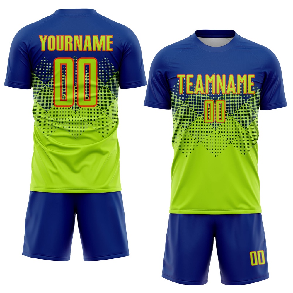 Royal Neon Green Orange Sublimation Soccer Uniform Jersey, Custom Team Soccer Jersey Shirt Royal Neon Green Orange Sublimation Soccer Uniform Jersey, Custom Team Soccer Jersey Shirt