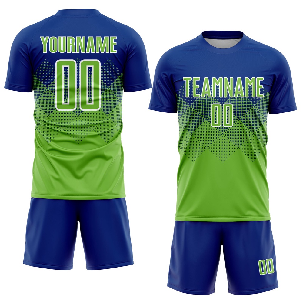 Royal Neon Green White Sublimation Soccer Uniform Jersey, Custom Team Soccer Jersey Shirt
