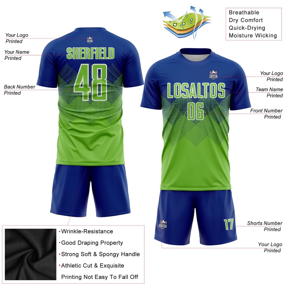 Royal Neon Green White Sublimation Soccer Uniform Jersey, Custom Team Soccer Jersey Shirt