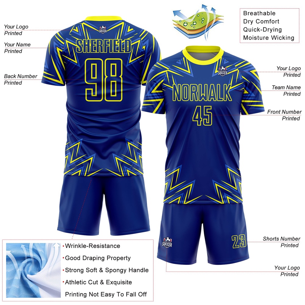 Royal Neon Yellow Geometric Shapes Sublimation Soccer Uniform Jersey, Custom Team Soccer Jersey Shirt