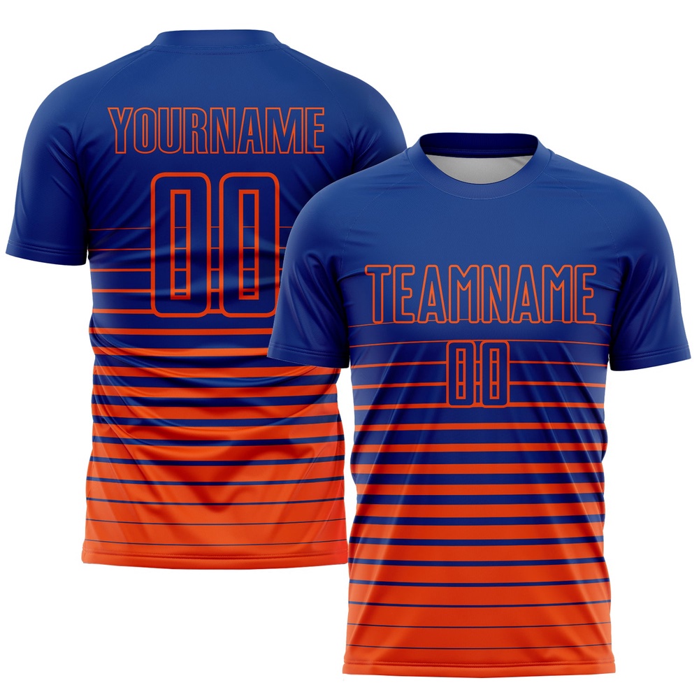 Royal Orange Pinstripe Fade Fashion Sublimation Soccer Uniform Jersey, Custom Team Soccer Jersey Shirt