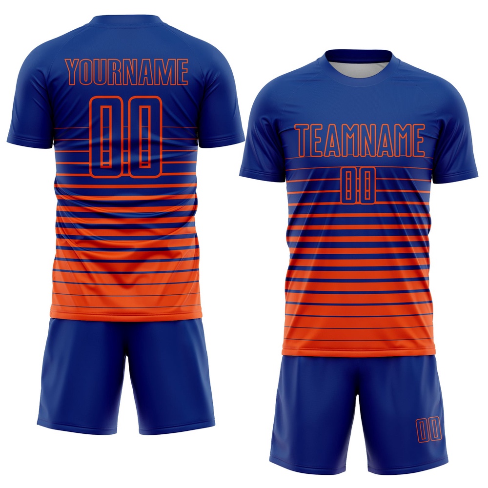 Royal Orange Pinstripe Fade Fashion Sublimation Soccer Uniform Jersey, Custom Team Soccer Jersey Shirt