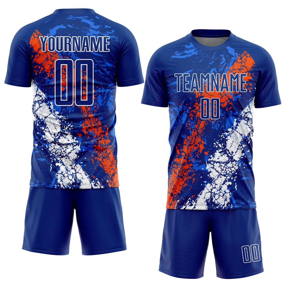 Royal Orange White Dripping Splatter Art Sublimation Soccer Uniform Jersey, Custom Team Soccer Jersey Shirt Royal Orange White Dripping Splatter Art Sublimation Soccer Uniform Jersey, Custom Team Soccer Jersey Shirt