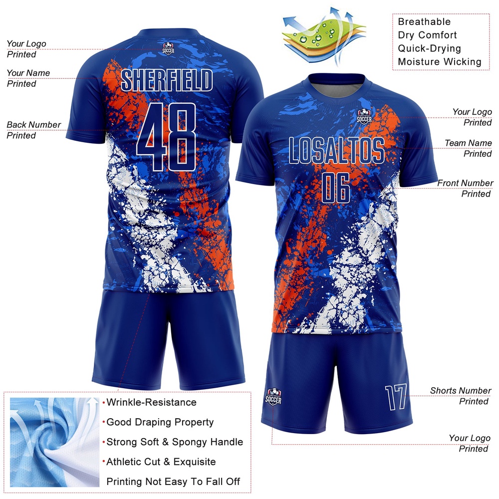 Royal Orange White Dripping Splatter Art Sublimation Soccer Uniform Jersey, Custom Team Soccer Jersey Shirt Royal Orange White Dripping Splatter Art Sublimation Soccer Uniform Jersey, Custom Team Soccer Jersey Shirt