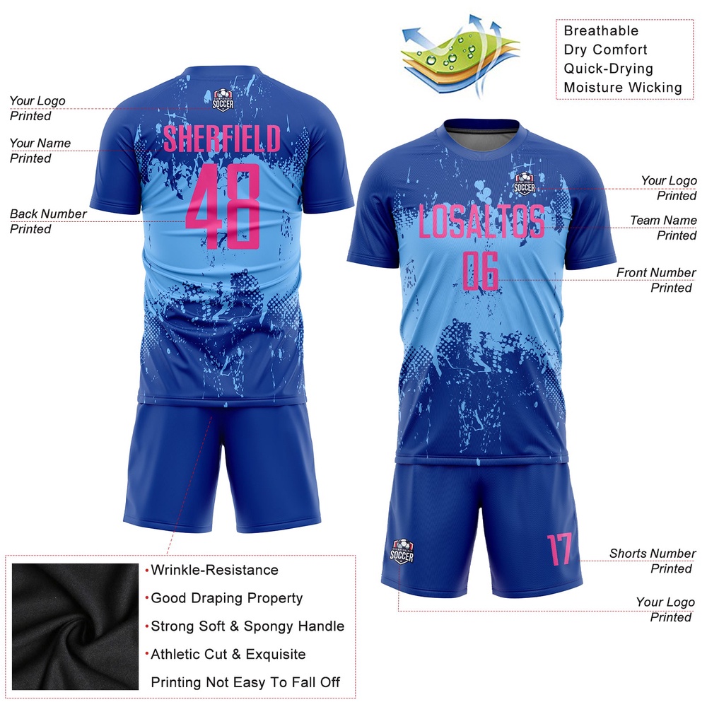 Royal Pink Light Blue Sublimation Soccer Uniform Jersey, Custom Team Soccer Jersey Shirt Royal Pink Light Blue Sublimation Soccer Uniform Jersey, Custom Team Soccer Jersey Shirt