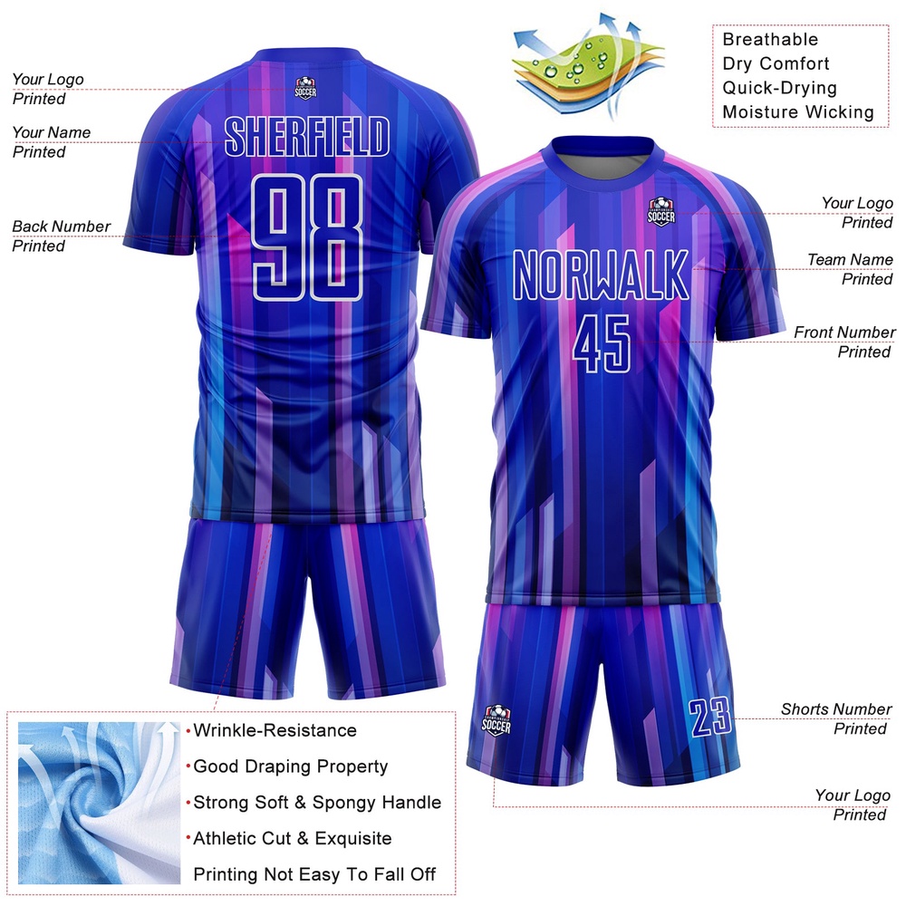 Royal Pink White Abstract Lines Sublimation Soccer Uniform Jersey, Custom Team Soccer Jersey Shirt