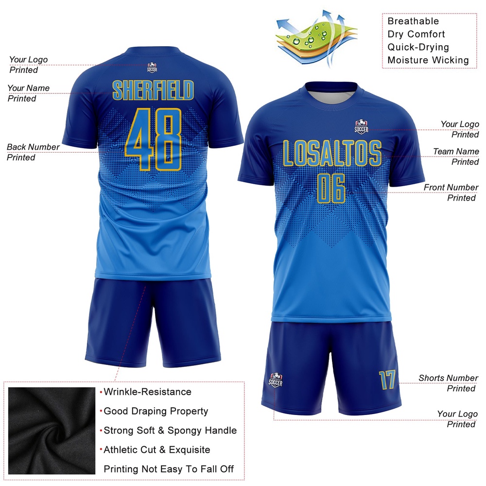 Royal Powder Blue Gold Sublimation Soccer Uniform Jersey, Custom Team Soccer Jersey Shirt