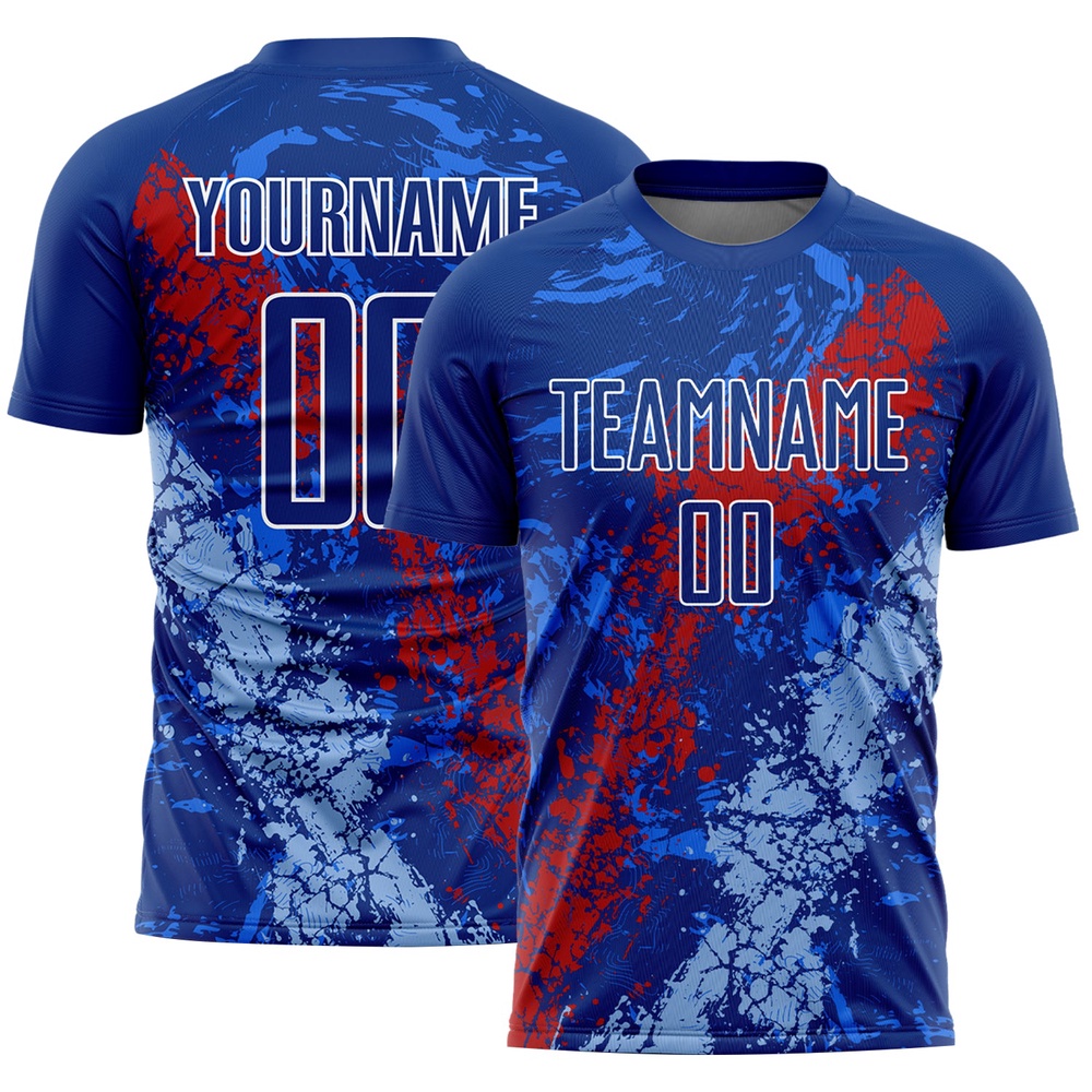 Royal Red Light Blue Dripping Splatter Art Sublimation Soccer Uniform Jersey, Custom Team Soccer Jersey Shirt