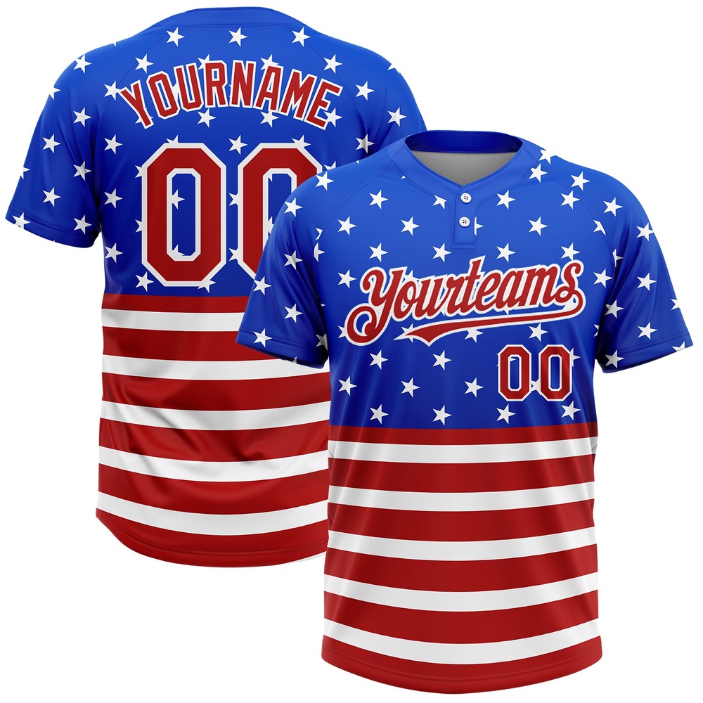 Royal Red White 3D American Flag Fashion Two Button Unisex Softball Jersey, Custom Team Softball Jersey