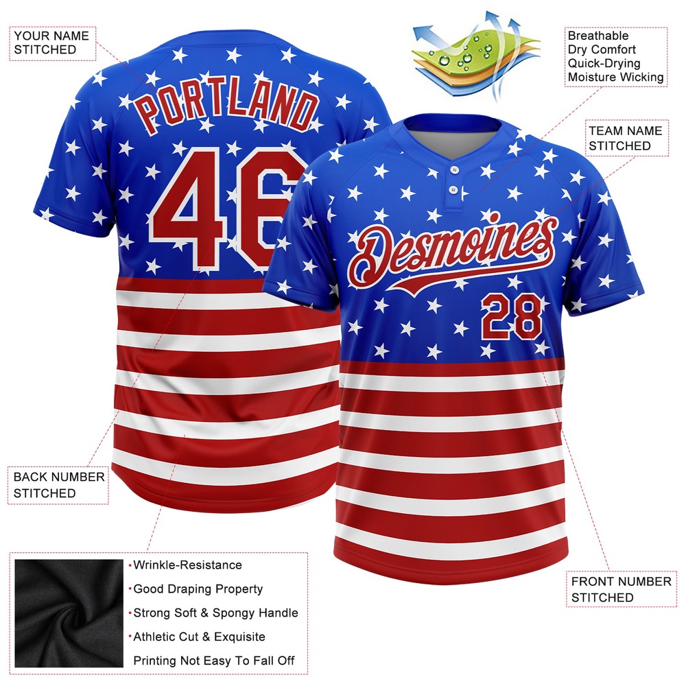 Royal Red White 3D American Flag Fashion Two Button Unisex Softball Jersey, Custom Team Softball Jersey