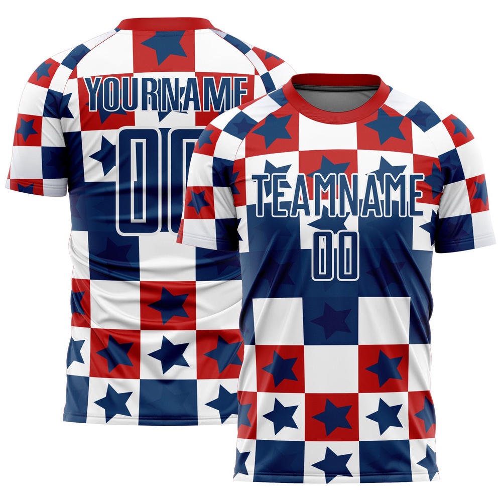 Royal Red White Stars And Squares Sublimation Soccer Uniform Jersey, Custom Team Soccer Jersey Shirt