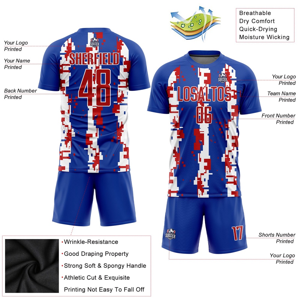 Royal Red White Sublimation Soccer Uniform Jersey, Custom Team Soccer Jersey Shirt