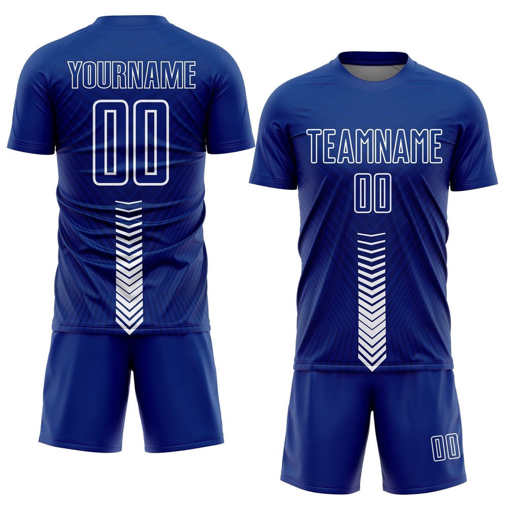 Royal White Arrow Shapes Sublimation Soccer Uniform Jersey, Custom Team Soccer Jersey Shirt