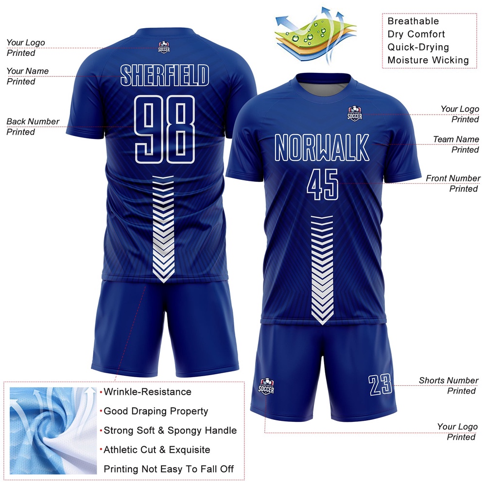 Royal White Arrow Shapes Sublimation Soccer Uniform Jersey, Custom Team Soccer Jersey Shirt