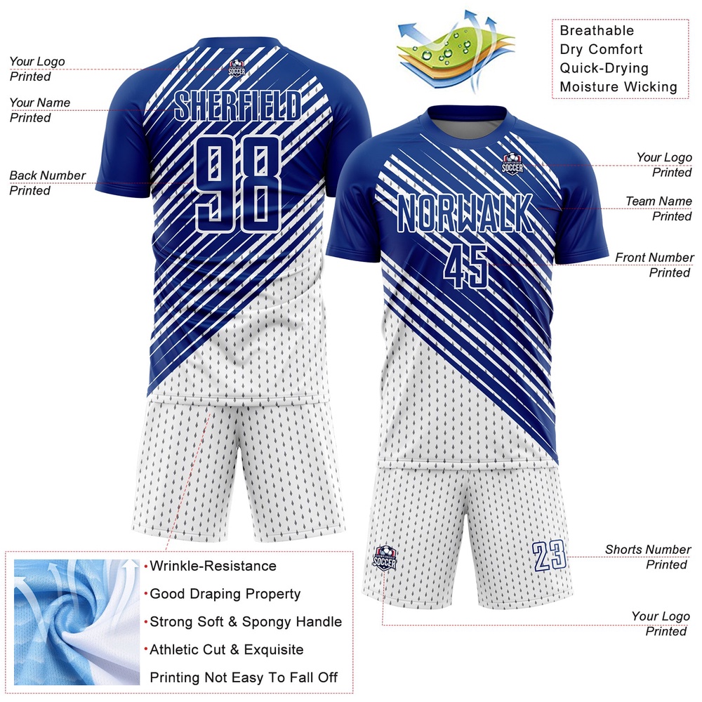 Royal White Diagonal Lines Sublimation Soccer Uniform Jersey, Custom Team Soccer Jersey Shirt