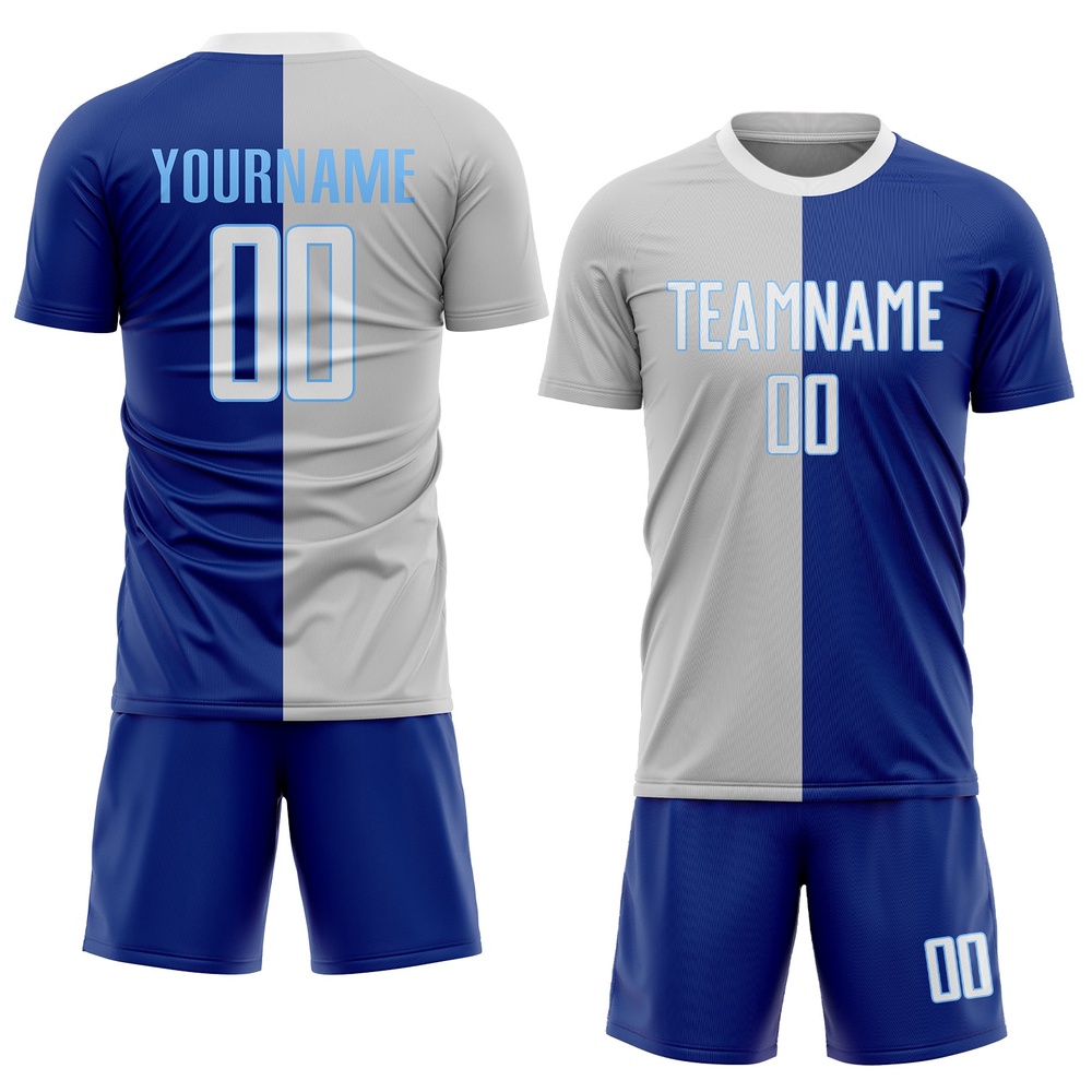 Royal White Gray Sublimation Split Fashion Soccer Uniform Jersey, Custom Team Soccer Jersey Shirt