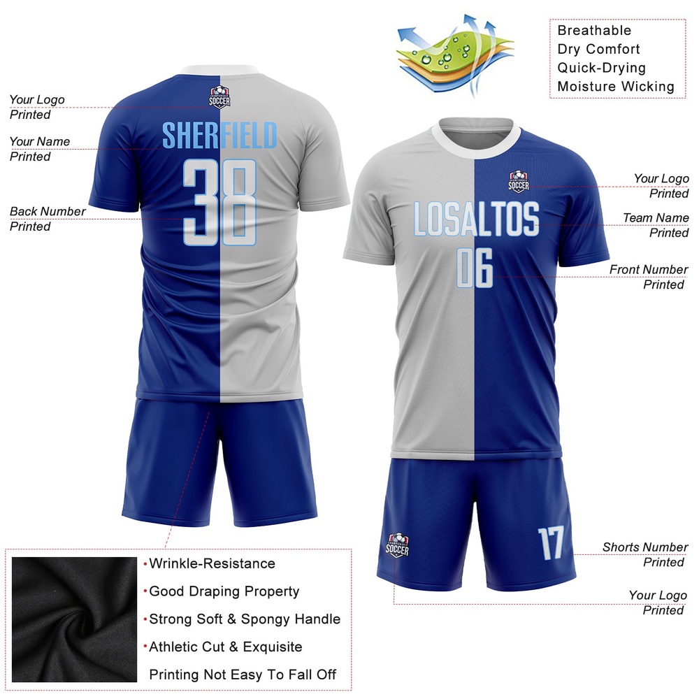 Royal White Gray Sublimation Split Fashion Soccer Uniform Jersey, Custom Team Soccer Jersey Shirt