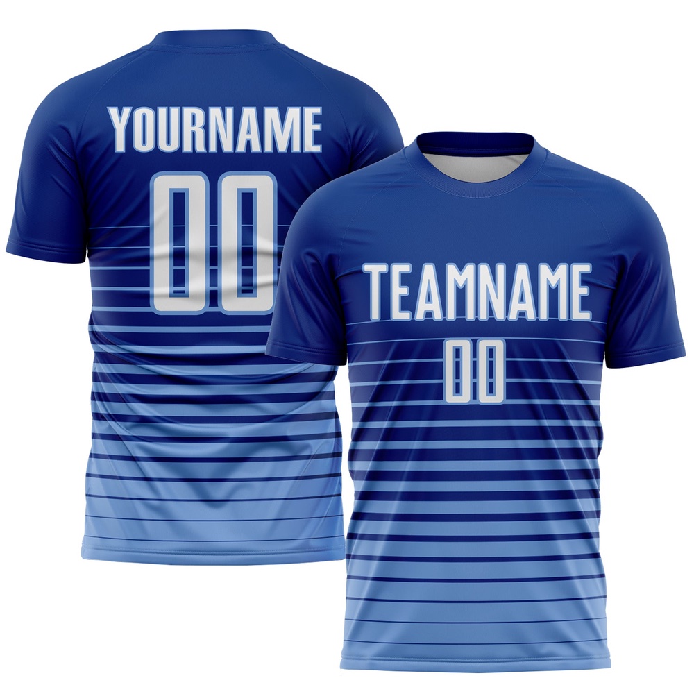 Royal White Light Blue Pinstripe Fade Fashion Sublimation Soccer Uniform Jersey, Custom Team Soccer Jersey Shirt