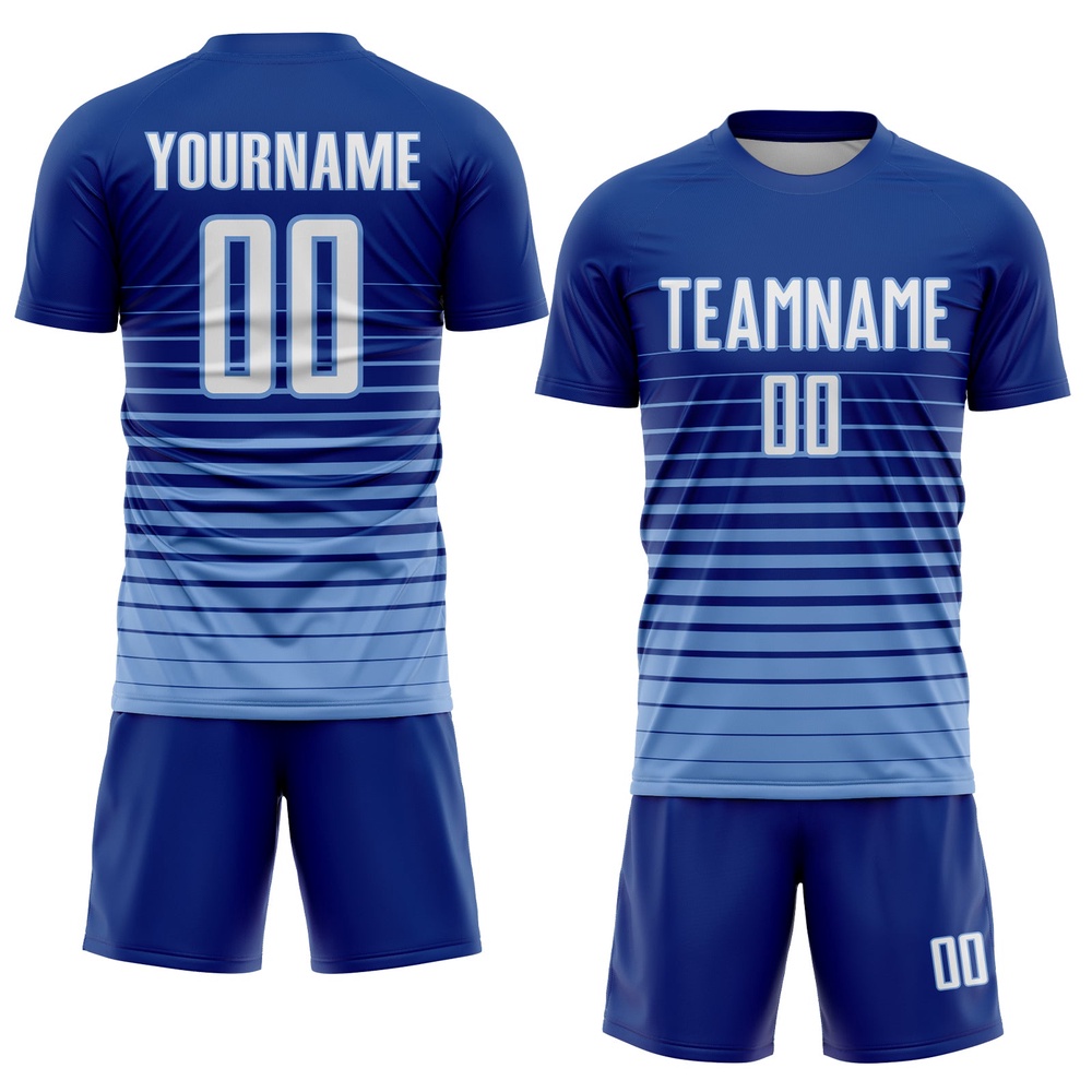 Royal White Light Blue Pinstripe Fade Fashion Sublimation Soccer Uniform Jersey, Custom Team Soccer Jersey Shirt