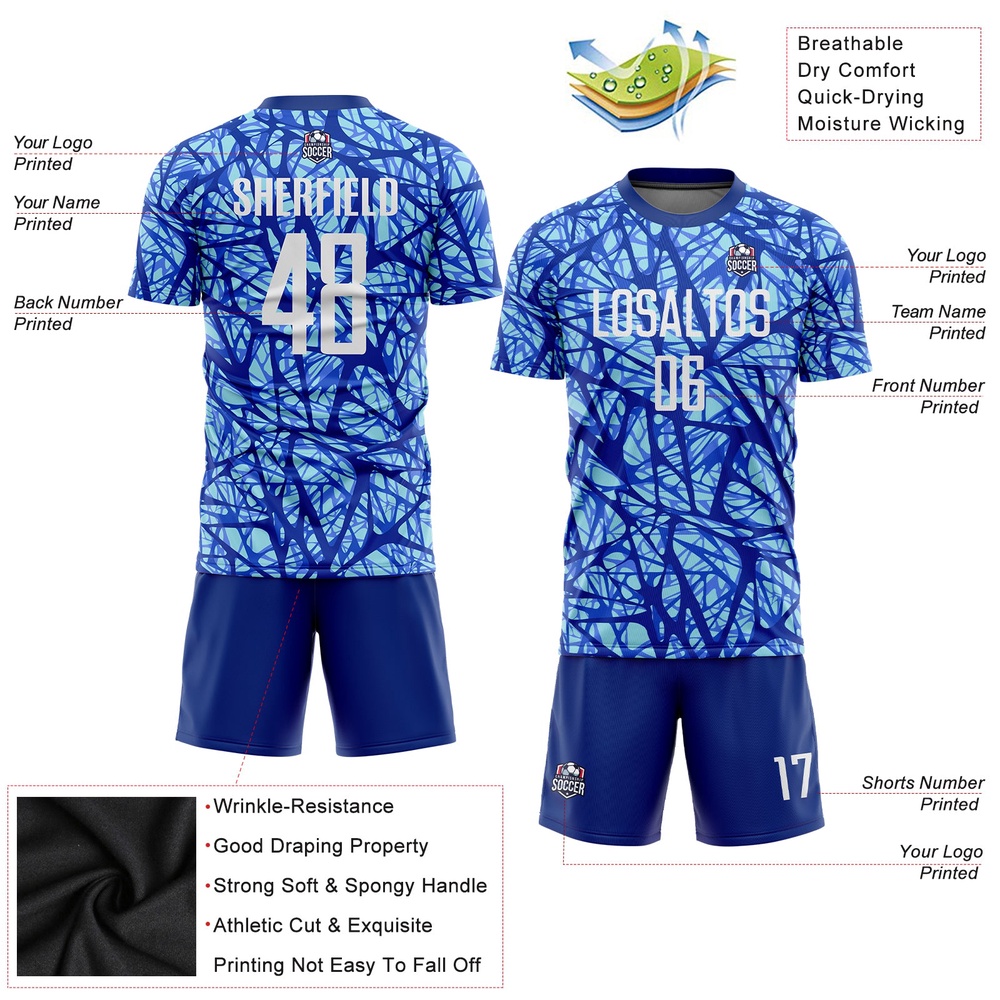 Royal White Light Blue Sublimation Soccer Uniform Jersey, Custom Team Soccer Jersey Shirt Royal White Light Blue Sublimation Soccer Uniform Jersey, Custom Team Soccer Jersey Shirt